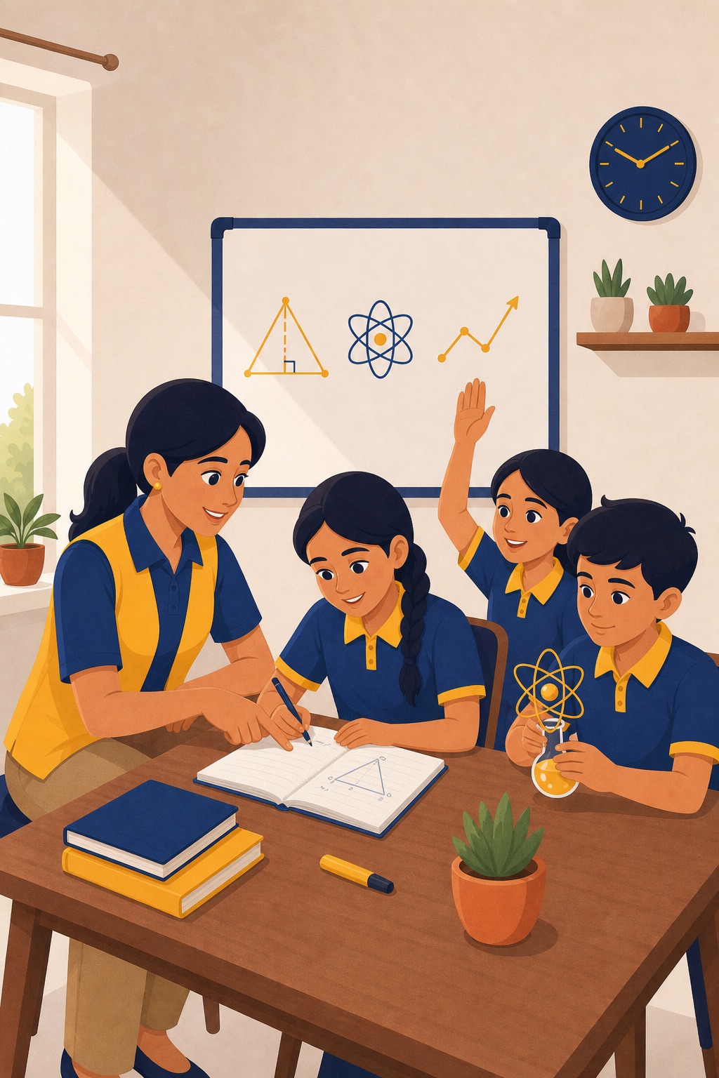 Tutor giving personalised Maths and Science help to three students in a small-group classroom