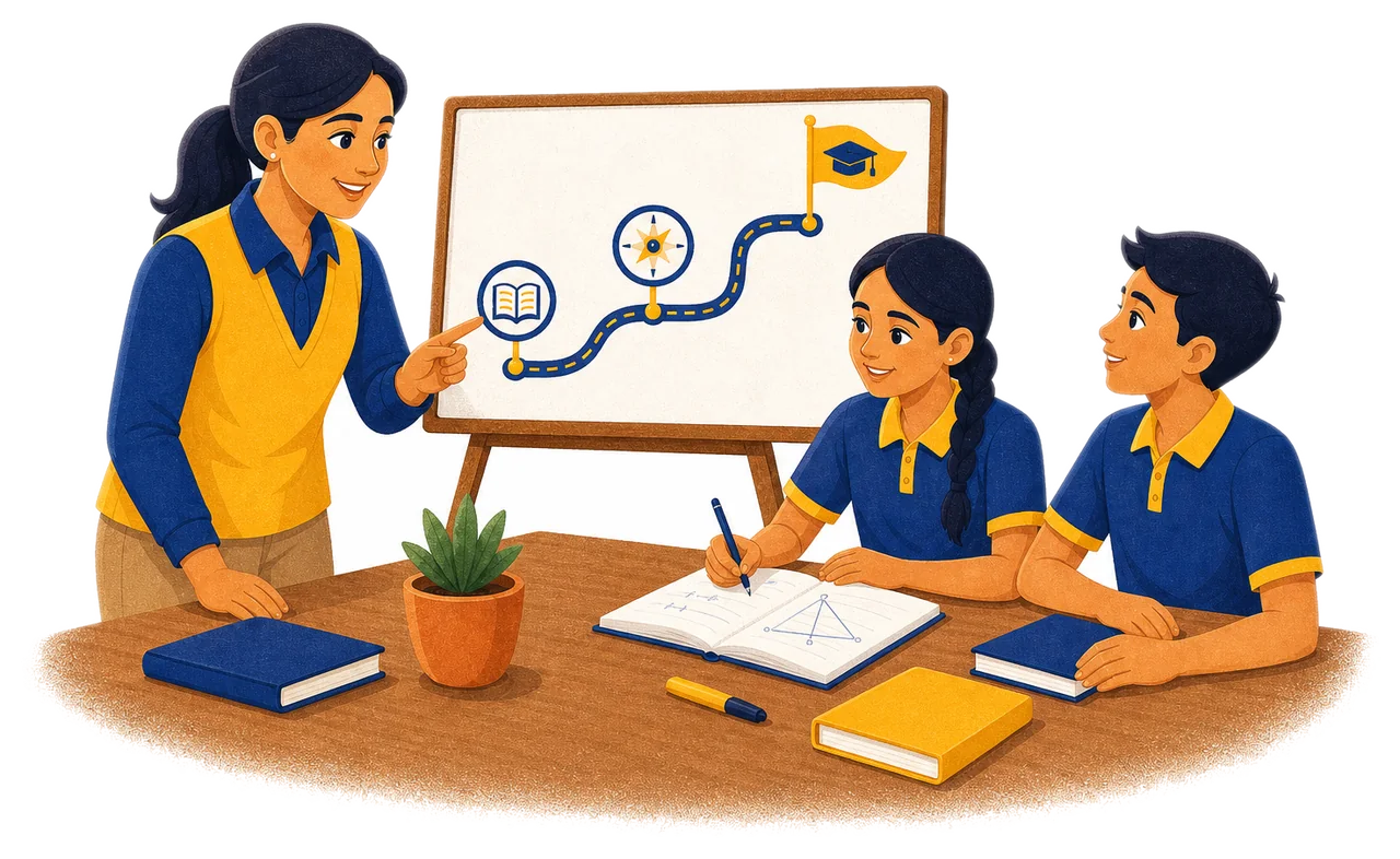 Founder guiding two students at a study table, with a learning roadmap from foundation to excellence on the board