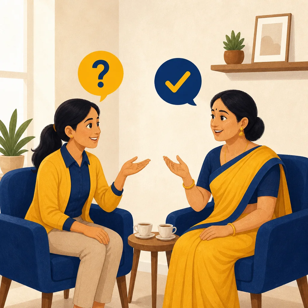 Teacher asking questions and an academy coordinator answering, shown as a question mark and a checkmark in speech bubbles