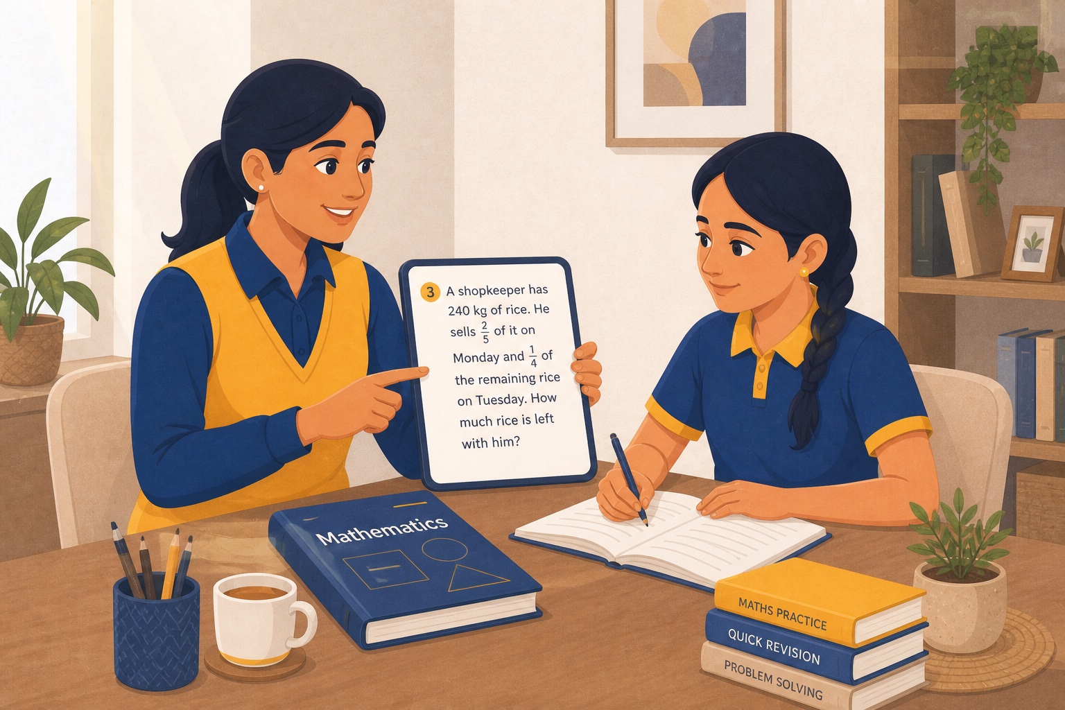 Female tutor and a student working through a numbered maths problem with a generic textbook during CBSE home tuition