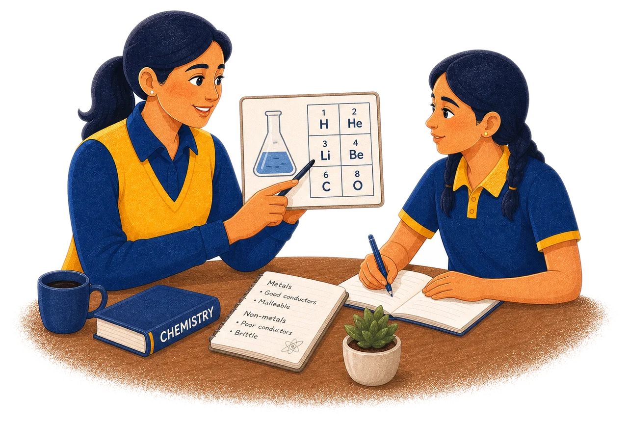 Female tutor explaining chemistry with a flask and periodic-table cue to a student at a home study table
