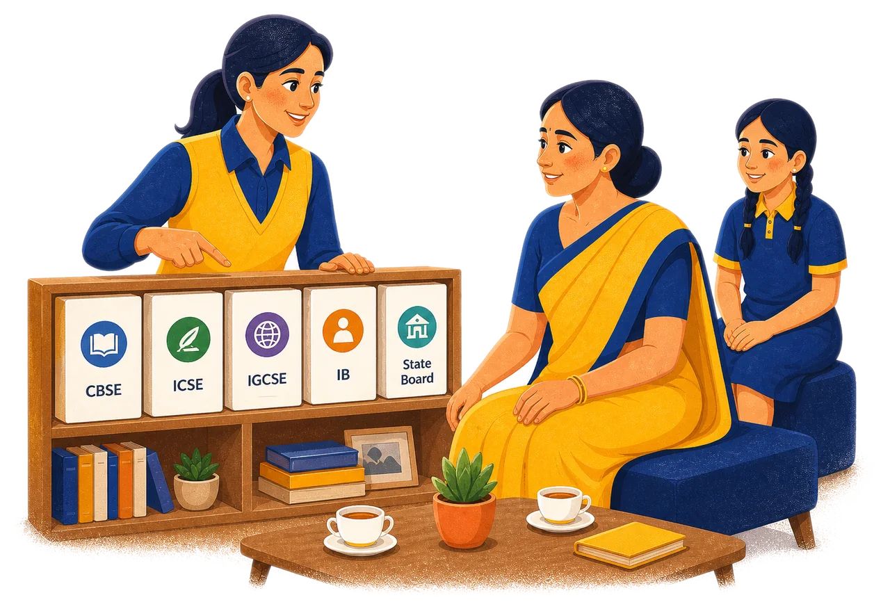 Female tutor and a parent choosing among CBSE, ICSE, IGCSE, IB, and State Board books on a home shelf