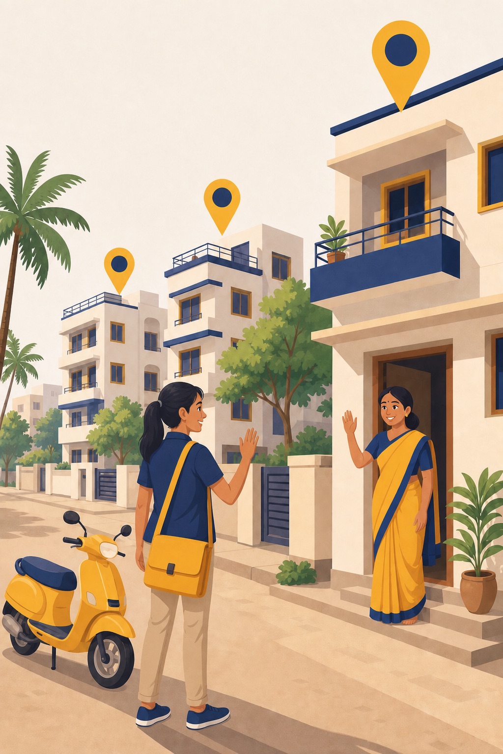 Female home tutor arriving by scooter in a Chennai neighbourhood, with map pins marking nearby homes