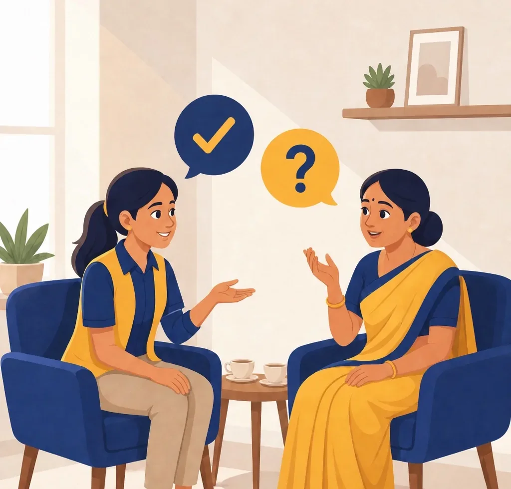 Tutor answering a parent’s questions in a calm one-to-one conversation