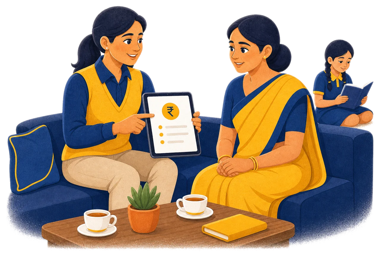 Female tutor discussing a personalized tuition fee quote on a tablet with a parent, while a student reads nearby