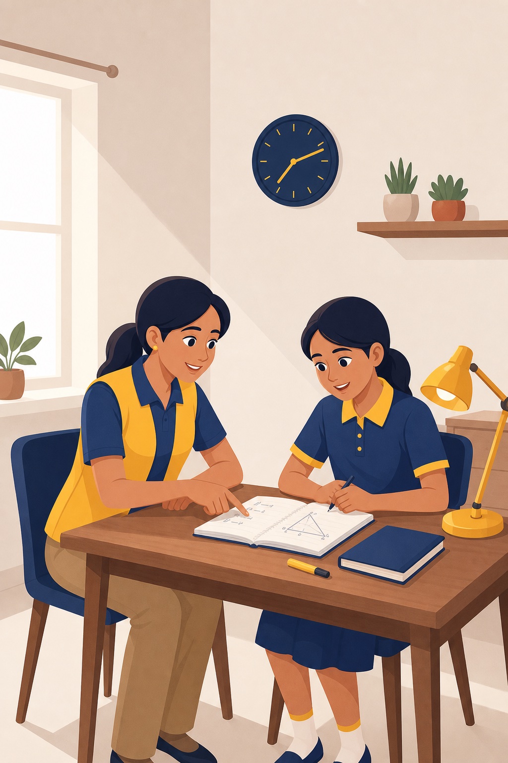 Female tutor in a one-to-one evening home session helping a student understand maths