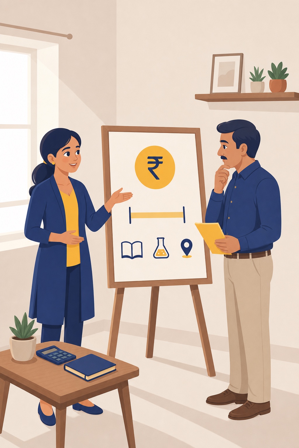 Tutor explaining a transparent hourly tuition rate board with a rupee symbol to a parent