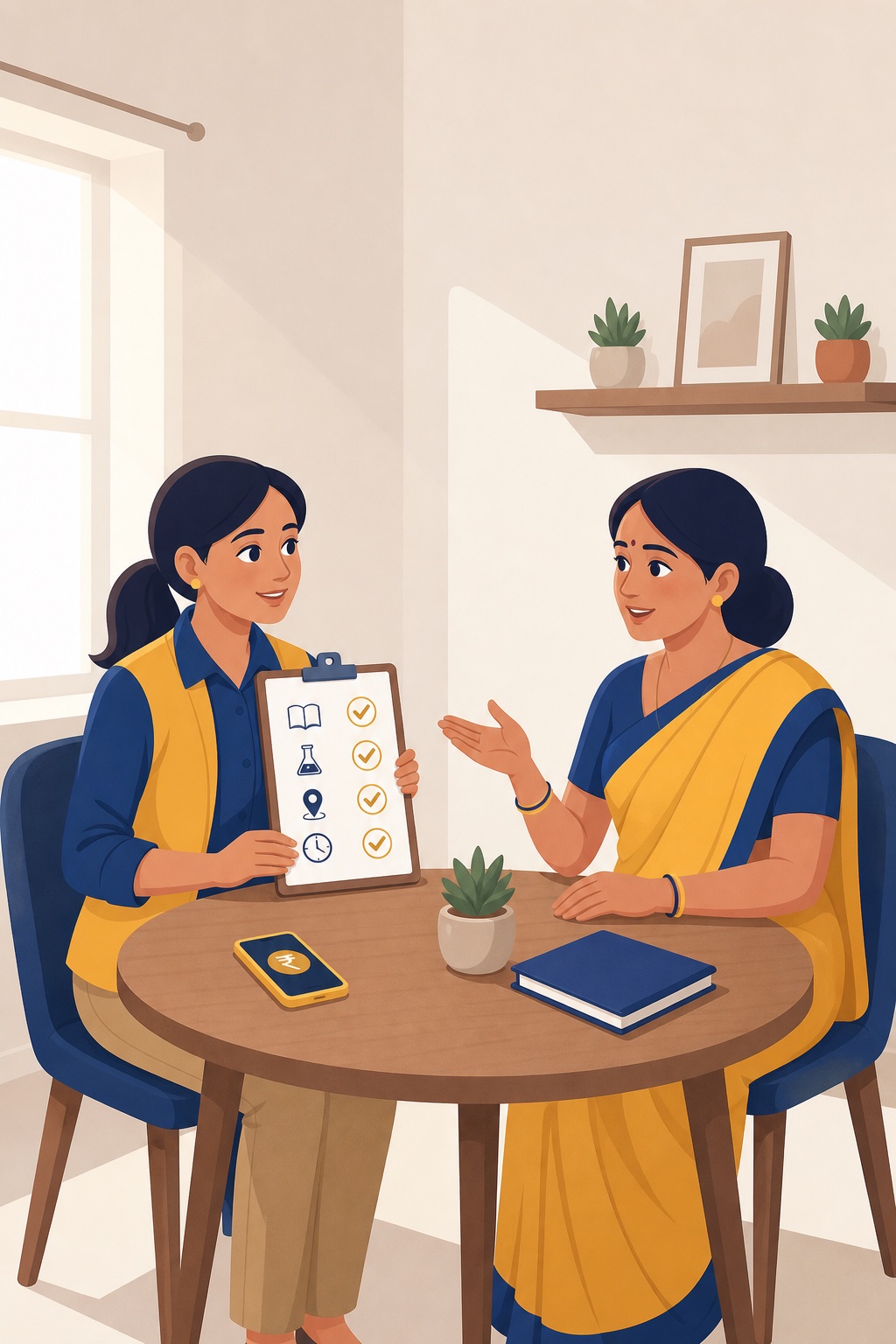 Coordinator noting class, subjects, location, and timing with a parent to prepare a tuition fee quote