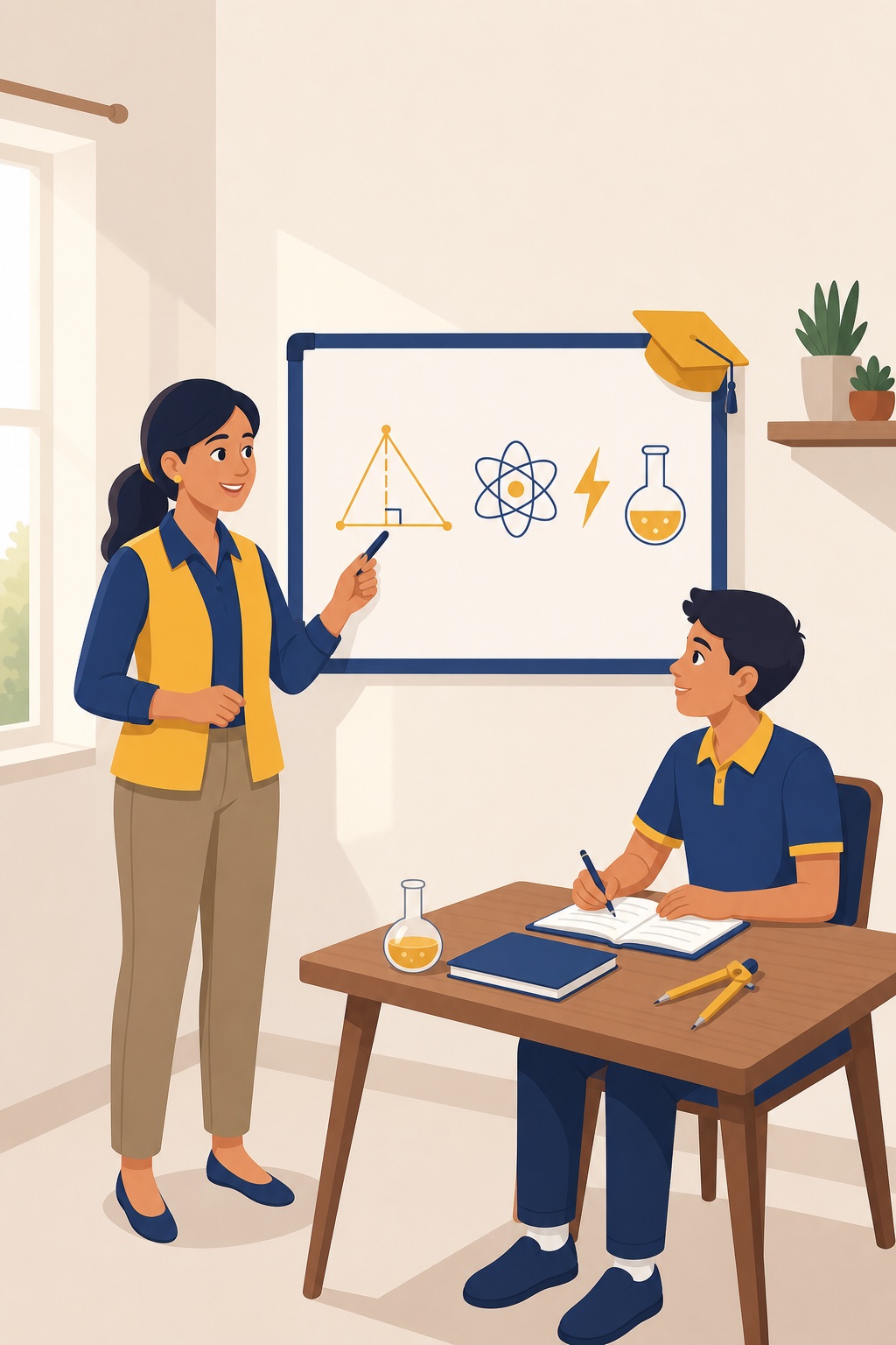 Female tutor explaining maths, physics, and chemistry to a student at a home study board