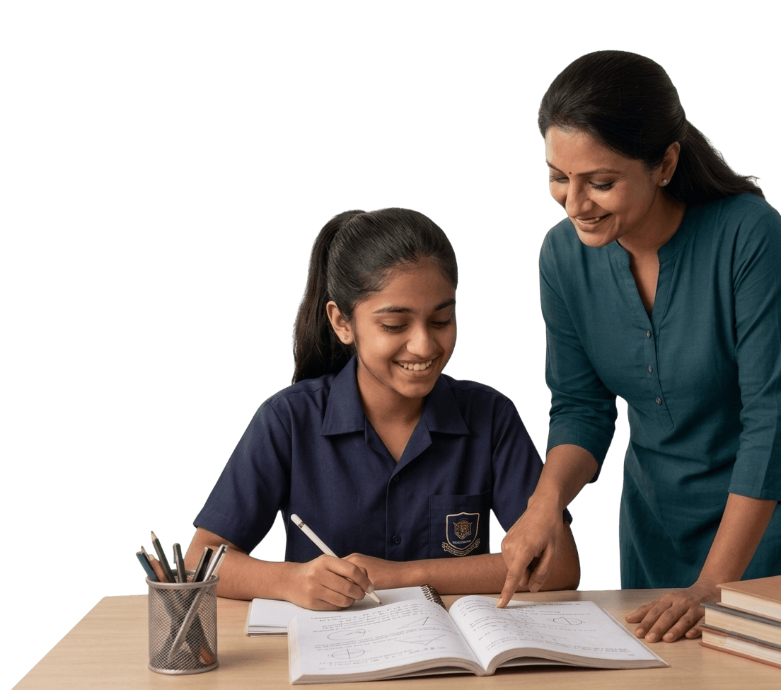 Teacher guiding a student at a desk with books and study materials