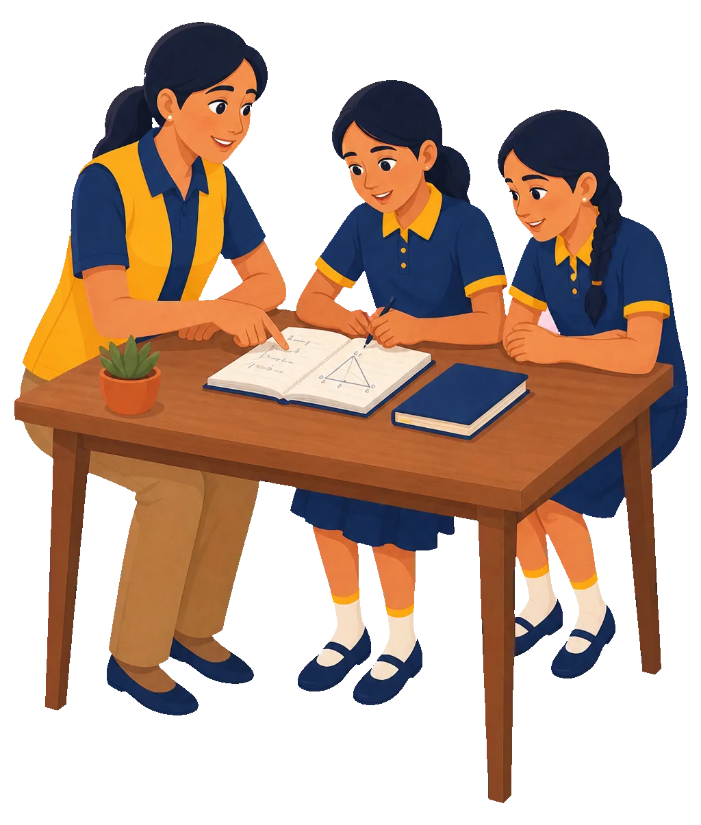 Female tutor helping two students with maths at a home study table