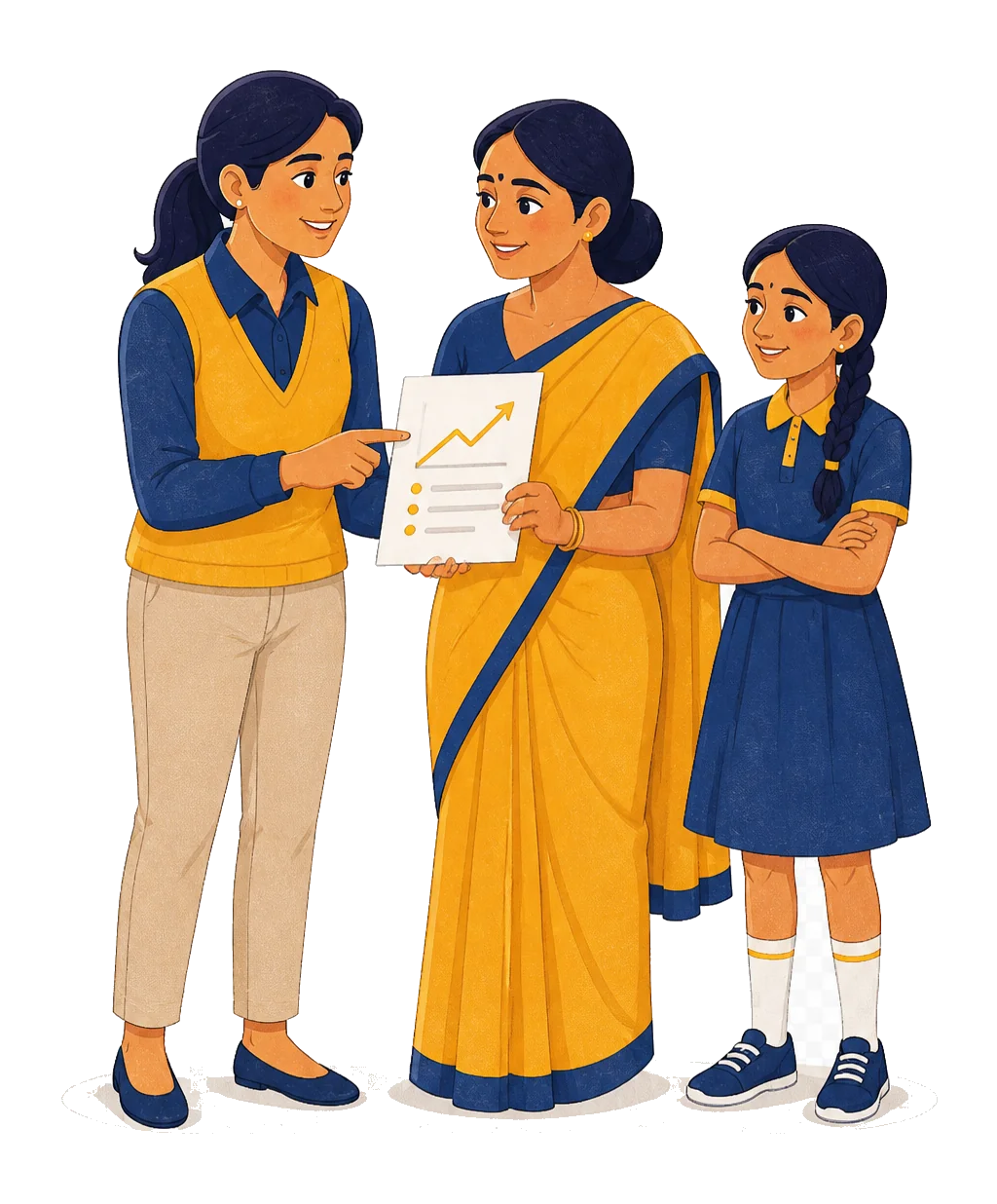 Tutor and parent looking at an improved report card while a student smiles nearby
