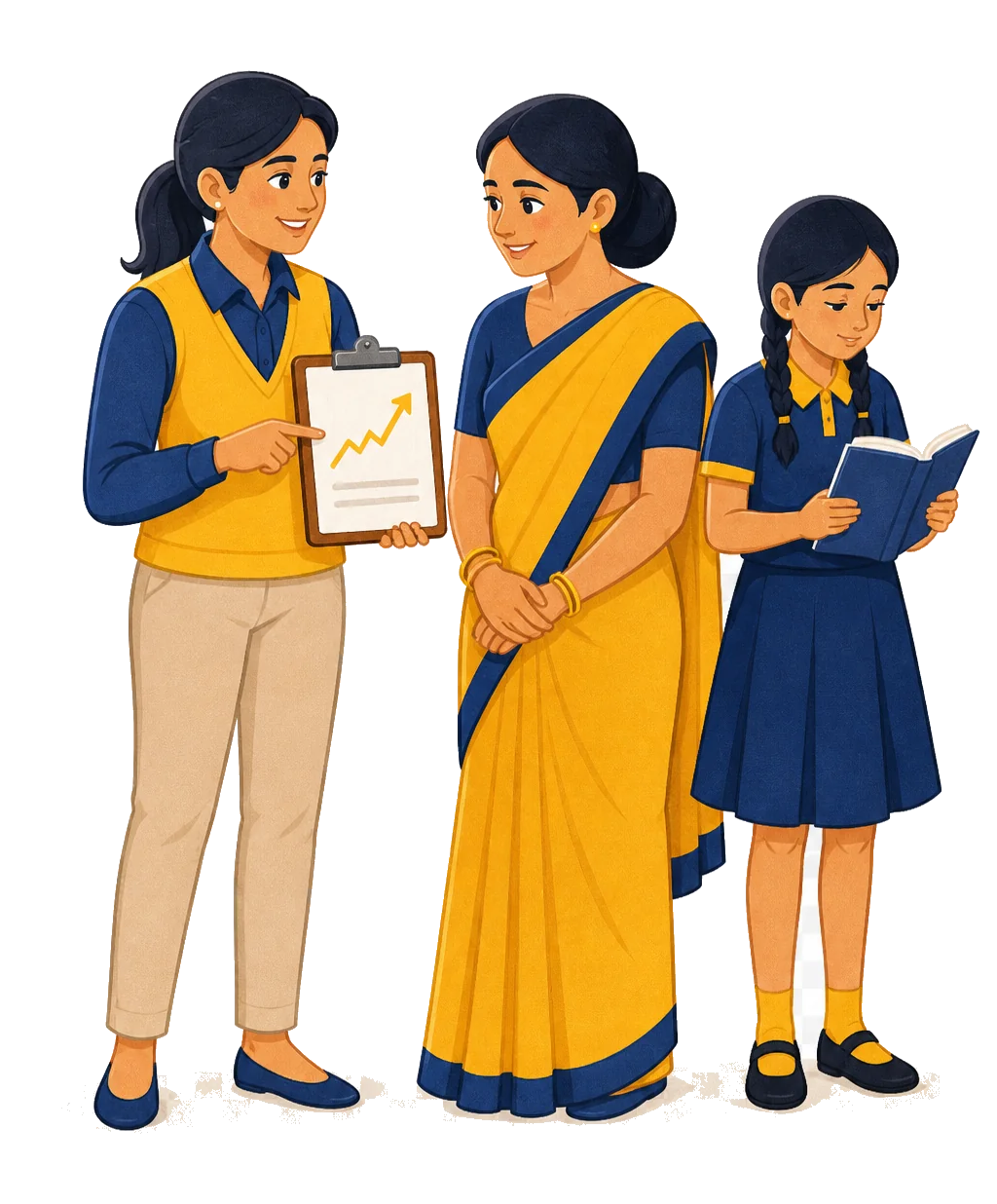 Tutor reviewing an upward progress chart with a parent while a student reads nearby