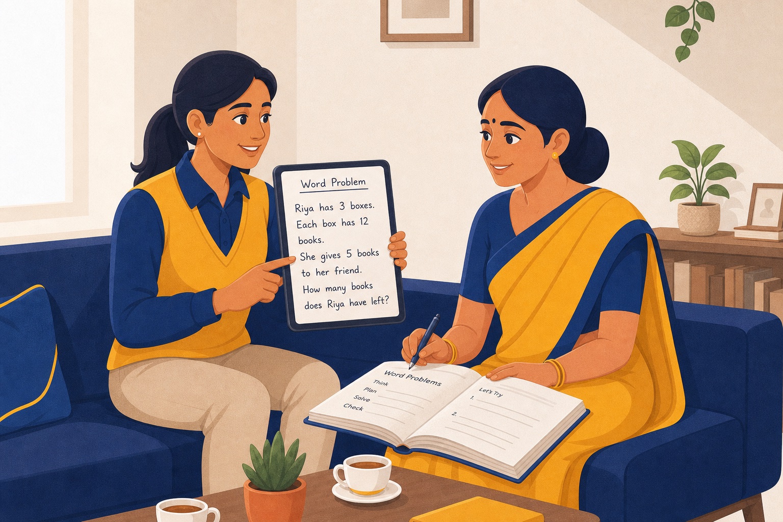 Female tutor and a student working through a word-problem in a thick workbook during ICSE maths home tuition