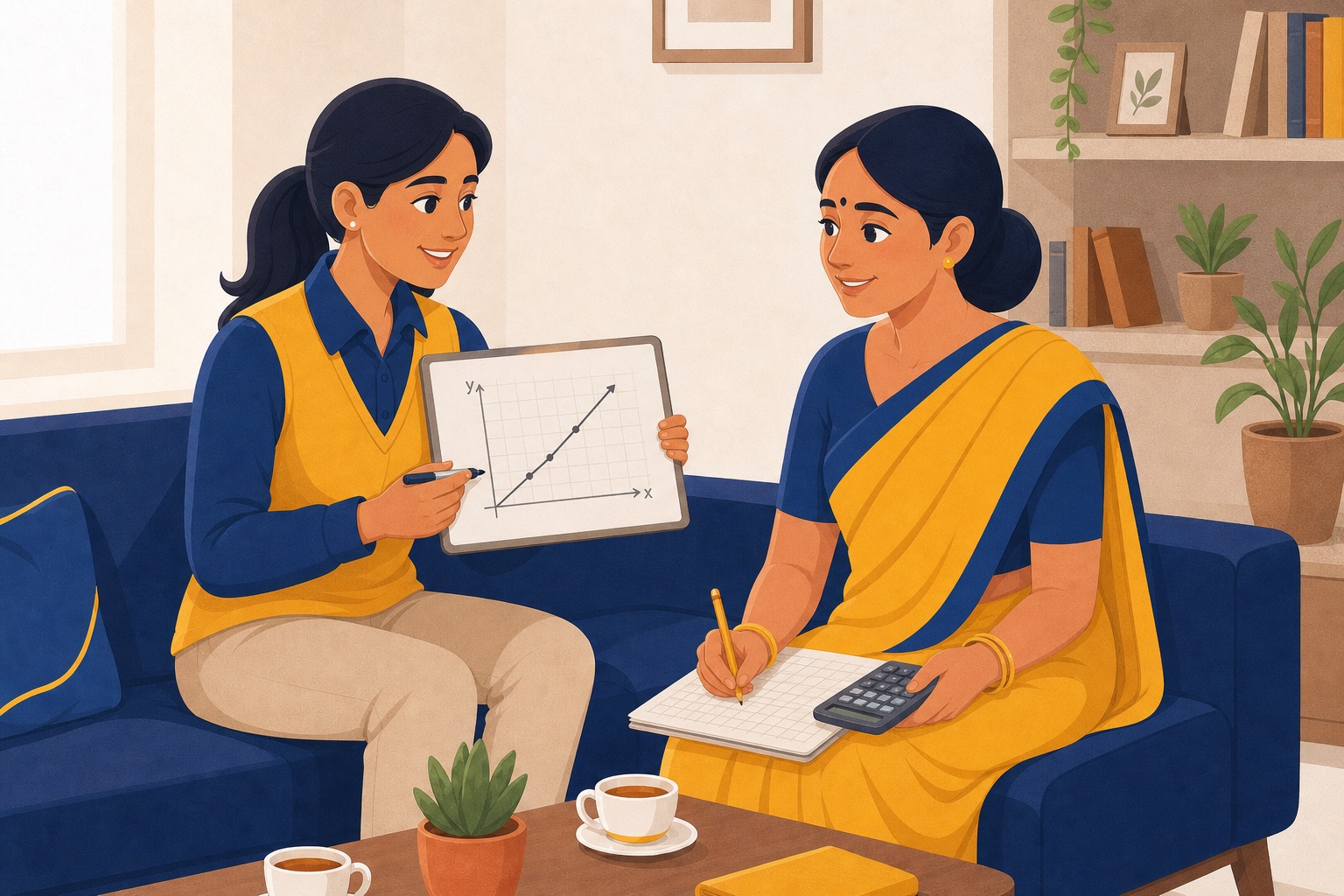 Female tutor and a student using graph paper and a calculator during IGCSE maths home tuition