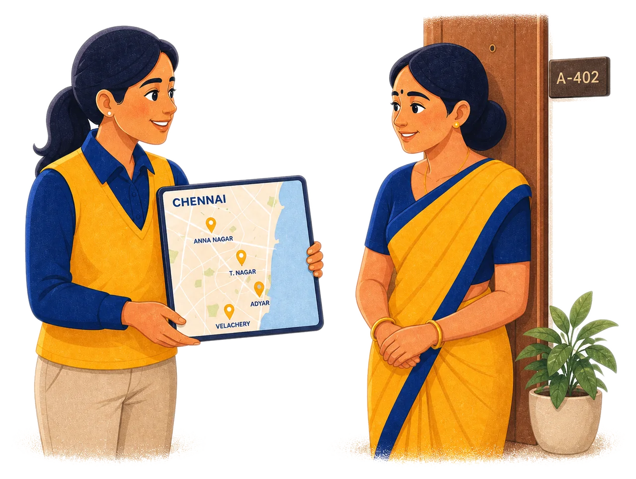 Female tutor showing a Chennai neighbourhood map with pin markers to a parent at an apartment doorway