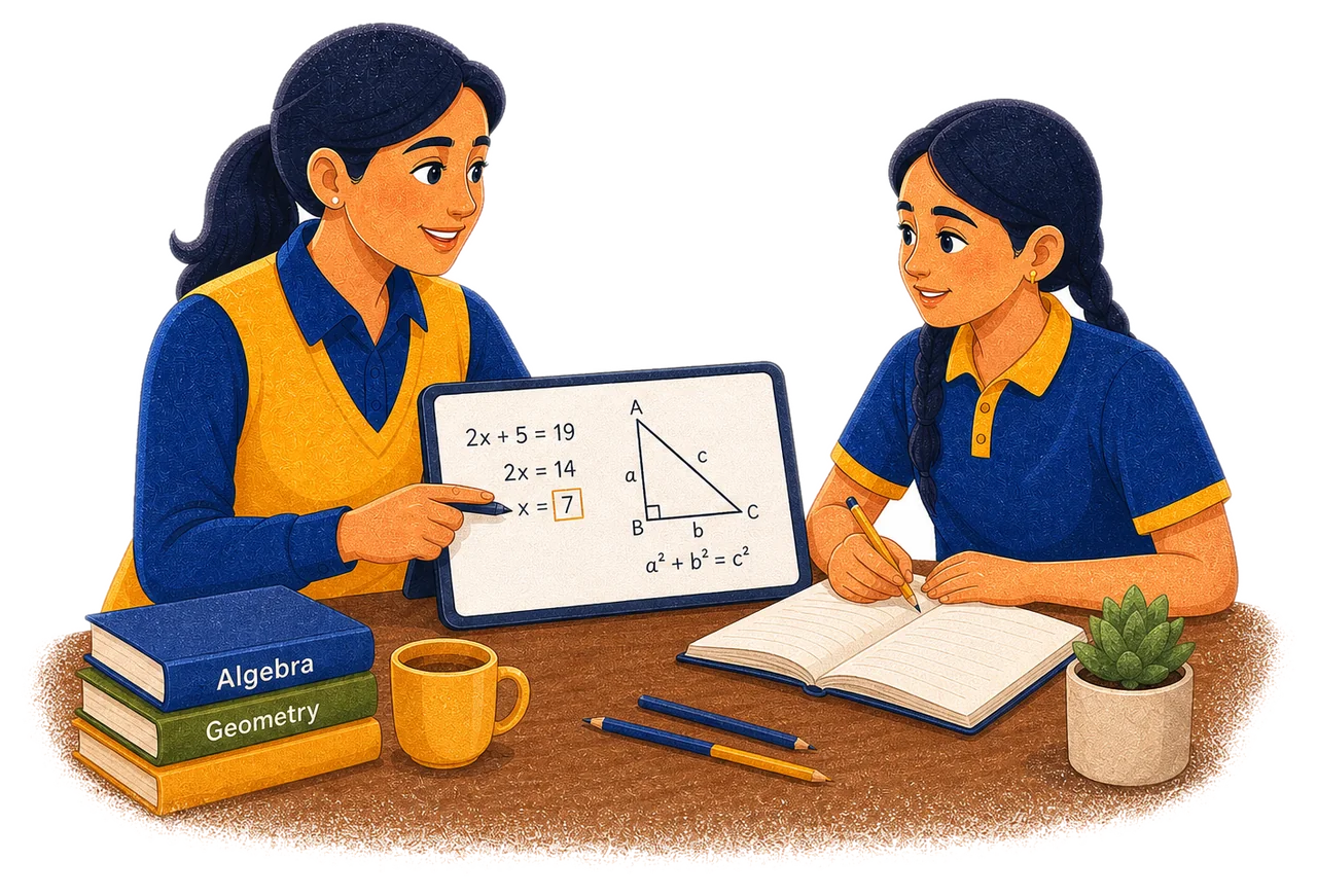 Female tutor explaining algebra and geometry on a tablet to a student at a home study table