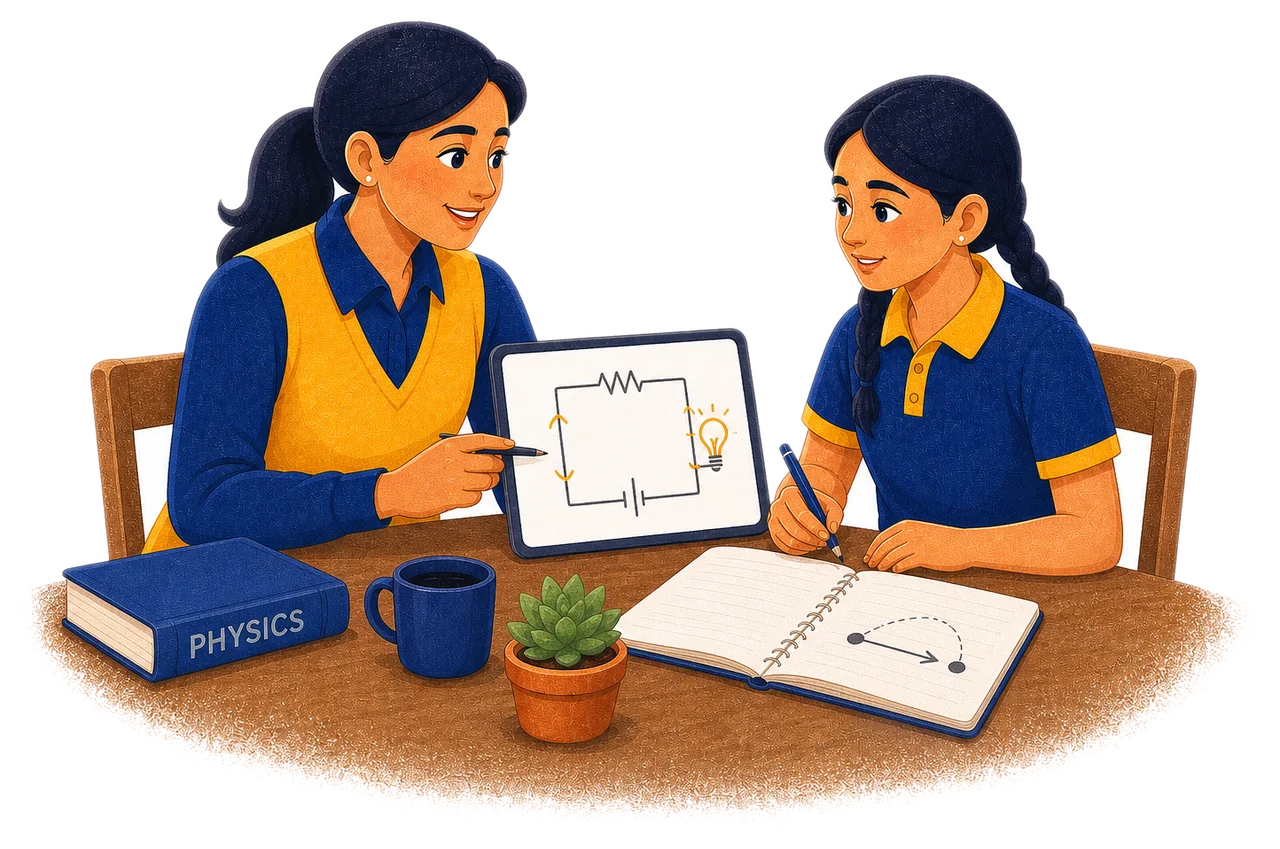 Female tutor explaining a simple circuit on a tablet to a student at a home study table