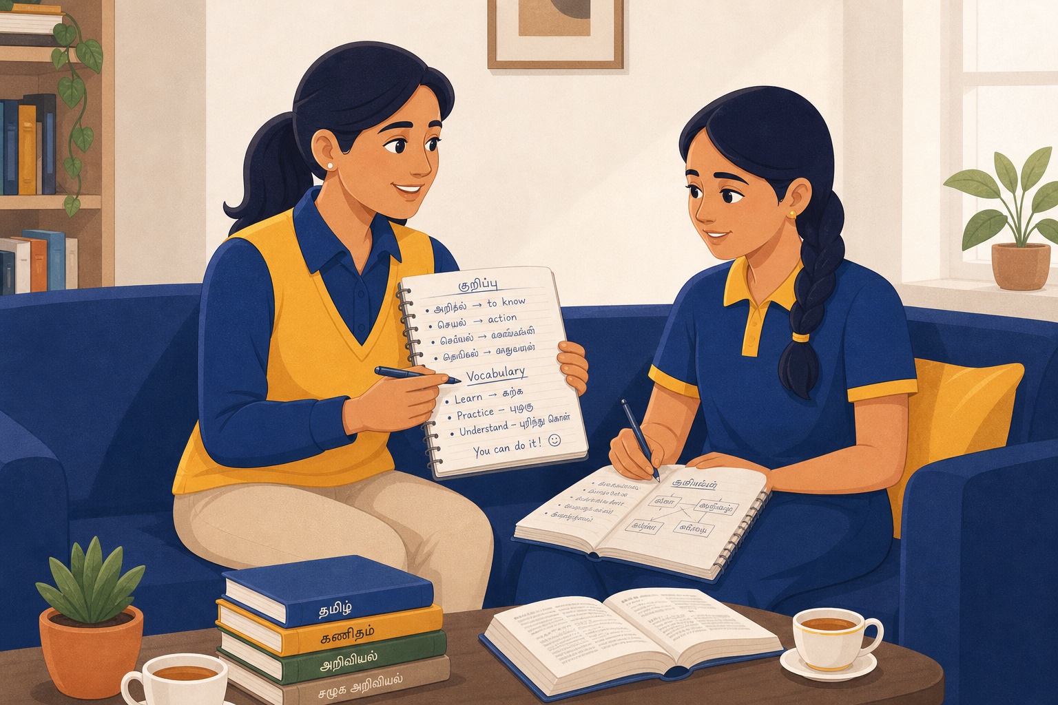 Female tutor and a student reviewing bilingual Tamil and English maths notes during State Board home tuition