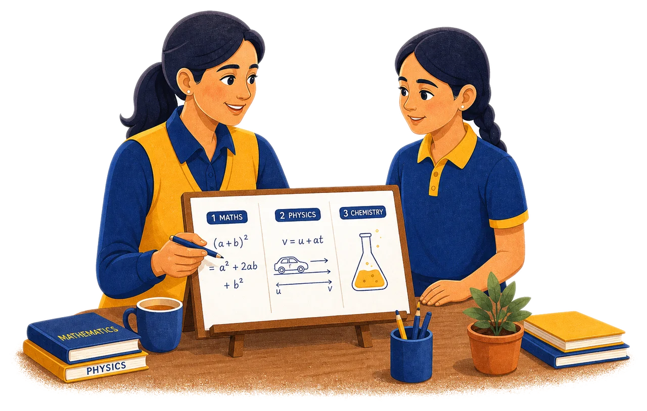 Female tutor at a home study board showing maths, physics, and chemistry cues to a student