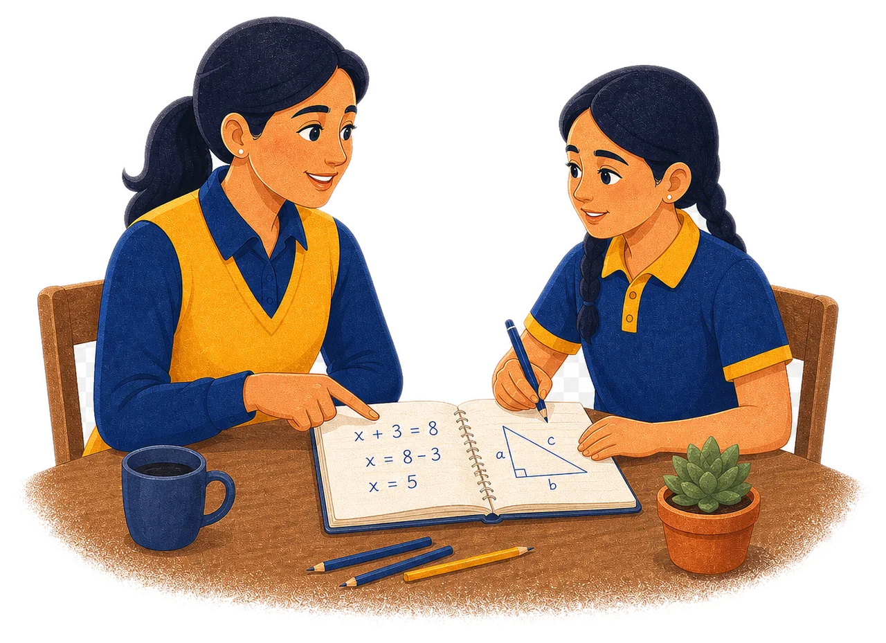 Female tutor helping a student with algebra and geometry at a home study table